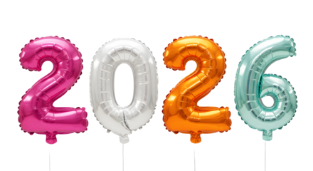 Colorful 2026 number balloons in pink, white, orange, and teal, perfect for New Year celebrations and milestone events