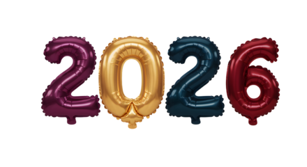 Colorful 2026 numbered balloons in burgundy, gold, blue, and red, perfect for New Year celebrations and milestone events