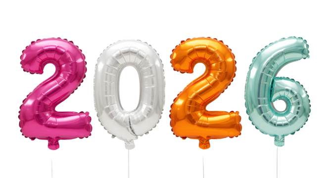 Colorful 2026 number balloons in pink, white, orange, and teal, perfect for New Year celebrations and milestone events