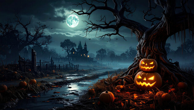 Spooky Halloween Scene: A chilling Halloween scene, captured in stunning detail, reveals a ghoulish forest, with a pair of carved pumpkins glowing menacingly under a ghostly moon.