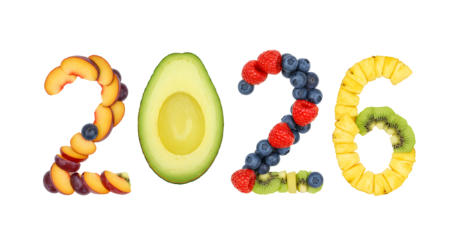 Colorful 2026 numbers made of fresh fruits with white background, healthy date concept, perfect for calendar designs or health campaigns