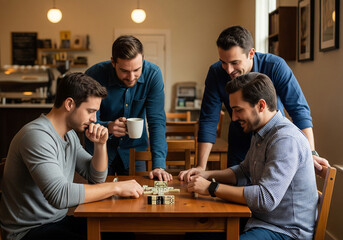 Group of male friends gathered around a table enjoying a friendly game of dominoes, sharing a moment of camaraderie and leisure