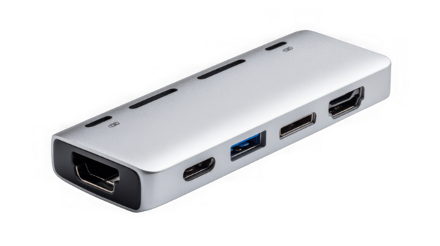 Compact silver usb-c hub with multiple ports for enhanced connectivity and productivity transparent background - Powered by Adobe