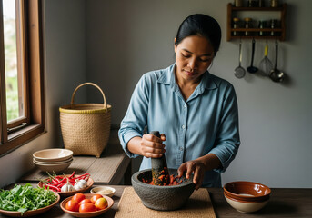 Asian woman skillfully preparing a traditional spicy red curry paste using a stone mortar and pestle in her kitchen