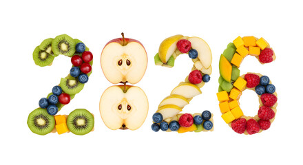 Obraz premium Fresh fruit numbers 2026 made with kiwi, blueberries, apple, banana, raspberries, and mango, healthy food concept, perfect for diet and nutrition visuals