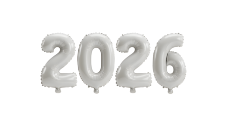 Silver foil balloon numbers forming 2026 isolated on white background, perfect for New Year celebrations or milestone events
