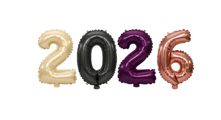 Metallic number balloons forming 2026 in gold, black, purple, and rose gold colors, perfect for New Year celebrations or milestone events