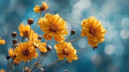 Closeup of vibrant yellow coreopsis flowers in full bloom, their delicate petals creating a captivating display of natural beauty