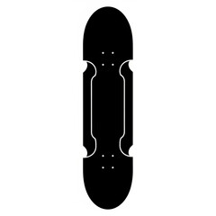 A black and white skateboard deck with a unique shape and visible mounting holes is displayed vertically created with generative ai