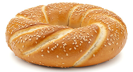 Ultra-realistic Montreal-style bagel, golden brown surface with sesame seeds, perfectly round, slightly crispy outside and chewy inside, macro close-up, 45-degree angle, isolated on pure white backgro