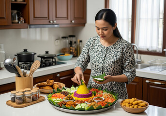 A smiling Asian woman carefully garnishing a traditional Indonesian Tumpeng Nasi Kuning platter for a special celebration at home