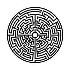 A circular labyrinth design with a central opening and complex pathing in black and white illustration created with generative ai