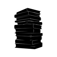 A monochrome illustration of a tall stack of books with visible spines and covers on a white background created with generative ai
