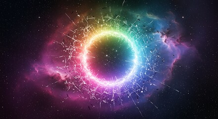 Fototapeta premium Stunning vibrant galaxy with broken glass effect and rainbow ring for cosmic energy