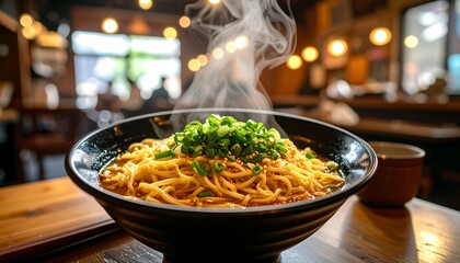 Hot steaming noodles in a restaurant