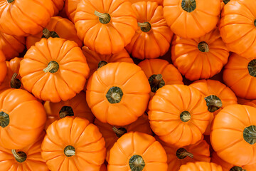 A pile of orange color fresh whole pumpkins placing on on top of each other from above view.
