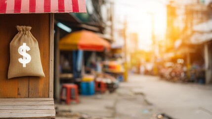 Micro Loans and Their Impact on Communities, A money bag hangs outside a street shop, capturing a vibrant urban atmosphere at sunset.