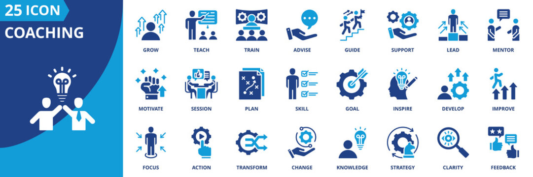 Coaching icon set collection in flat style. Icon pack contains leadership, skill, mentor, guide, train, teach, support, advise, lead, grow, inspire, goal, focus, plan, motivate, action