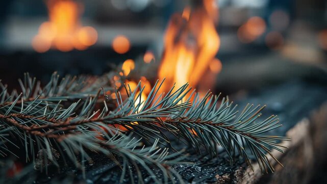 Yule log burning in warm fireplace concept. Pine needles resting on a log beside glowing flames create a cozy atmosphere.