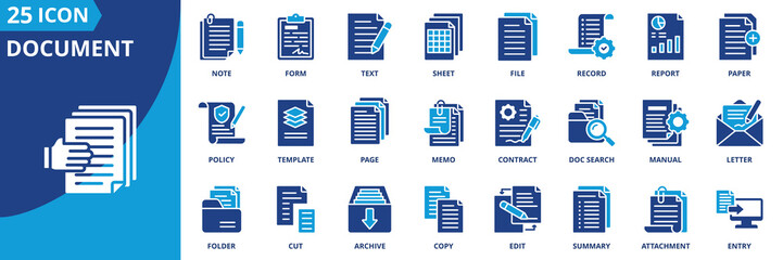 Document icon set collection in flat style. Icon pack contains summary, file, paper, report, form, record, sheet, text, note, page, letter, memo, contract, template, archive, attachment, policy