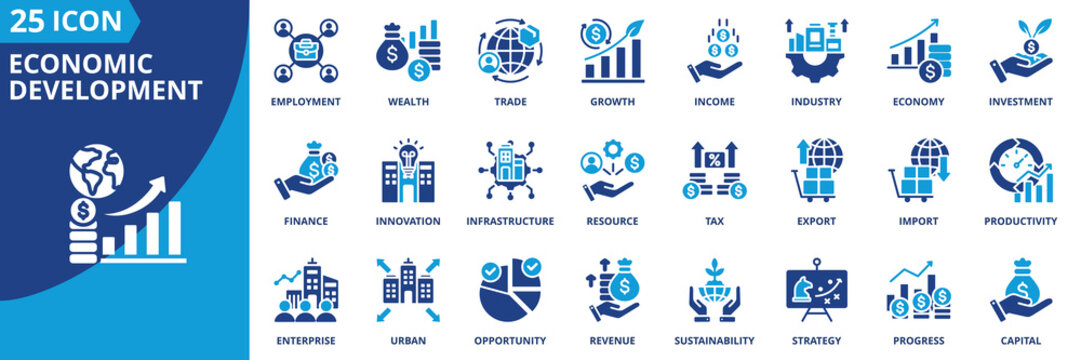 Economic development icon set collection in flat style. Icon pack contains finance, growth, investment, income, wealth, industry, trade, employment, innovation, productivity