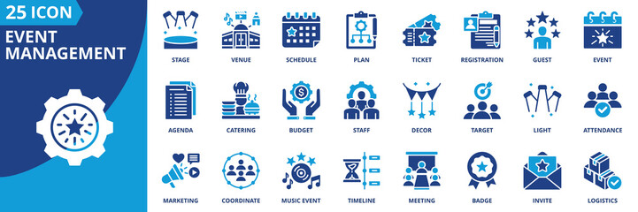 Event management icon set collection in flat style. Icon pack contains plan, venue, ticket, schedule, guest, stage, light, decor, catering, staff, agenda, meeting, badge, invite, logistics