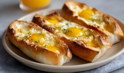 Boat-shaped cheese-filled breads topped with golden egg yolks and melted butter portions.