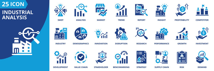 Industrial analysis icon set collection in flat style. Icon pack contains market, trend, report, insight, research, growth, risk, strategy, supply chain, demand, value chain, swot, competitor