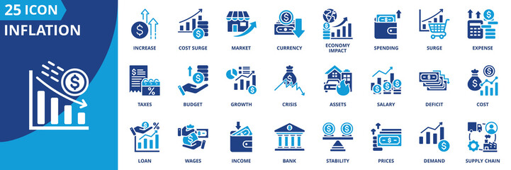 Inflation icon set collection in flat style. Icon pack contains prices, wages, economy impact, market, surge, demand, supply chain, spending, expense, budget, taxes, income, asset, growth