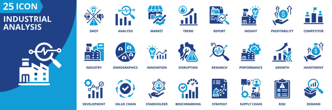Industrial analysis icon set collection in flat style. Icon pack contains market, trend, report, insight, research, growth, risk, strategy, supply chain, demand, value chain, swot, competitor