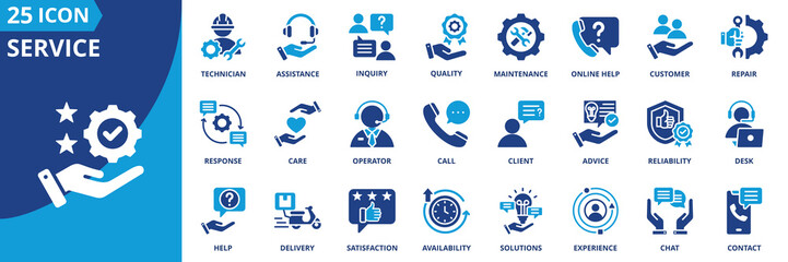 Service icon set collection in flat style. Icon pack contains help, assistance, maintenance, repair, customer, technician, inquiry, care, call, response, solutions, availability, satisfaction