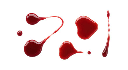 Assorted Red Liquid Splatters and Drops on a Transparent Backdrop, Perfect for Artistic Designs and Creative Visuals, High-Resolution Image