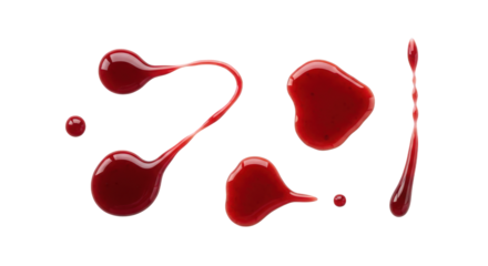 Assorted Red Liquid Splatters and Drops on a Transparent Backdrop, Perfect for Artistic Designs and Creative Visuals, High-Resolution Image