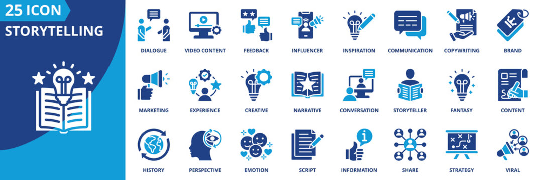 Storytelling icon set collection in flat style. Icon pack contains narrative, plot, script, dialogue, video content, strategy, influencer, inspiration, communication, content, marketing, viral