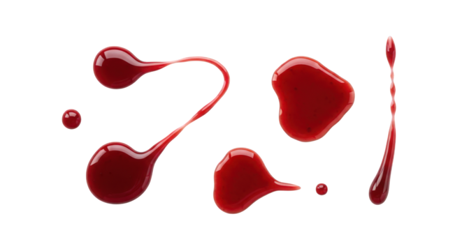 Assorted Red Liquid Splatters and Drops on a Transparent Backdrop, Perfect for Artistic Designs and Creative Visuals, High-Resolution Image