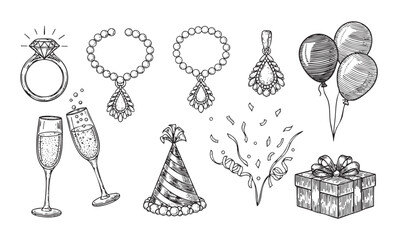 birthday party set, gift, cheers engraving vector 