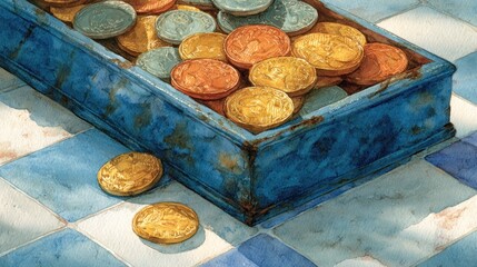 Colorful coins in a weathered blue tin on checkered tiles
