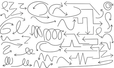 various shapes of imaginary arrow lines hand drawn isolated white background, vector.
