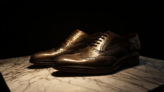 A pair of elegant brown leather brogue shoes with intricate perforations and embellishments,