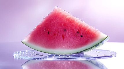 An elegant diagonal slice of watermelon on a mirrored surface, droplets forming along the top edge, and soft diffused lighting from the side, against a pale lilac backdrop,