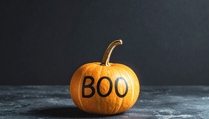 Pumpkin with Boo for Halloween: A single orange pumpkin, centrally positioned, bears the playful inscription BOO, perfectly embodying the Halloween spirit against a dark and moody backdrop.