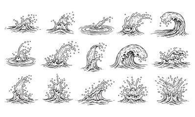 Set of Water Splashes and Waves Hand-Drawn