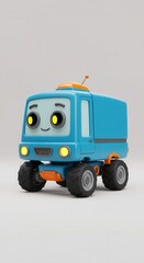 Naklejka premium A light-blue cartoon truck with large, round, yellow eyes and a friendly expression sits on a plain background.