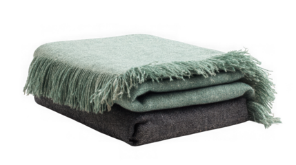 Cozy folded throw blankets mint green and gray with fringe for warmth and comfort transparent background