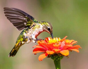 Hummingbird feeds on a flower