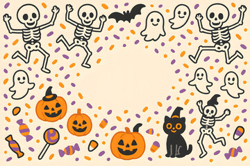Dancing skeleton halloween frame with smiling pumpkins ghosts and candy sprinkles