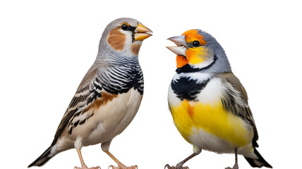 Fototapeta premium Two colorful finches, one with grey and brown markings, the other with yellow and orange, isolated on white background