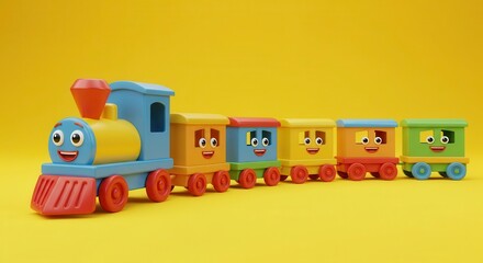 Obraz premium A bright, colorful train toy, with multiple colorful cars, is featured on a yellow background.