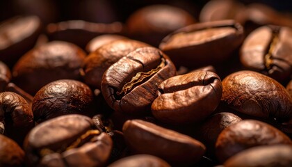 Naklejka premium Dark Roast Coffee Beans Close-Up on a Rustic Wooden Surface