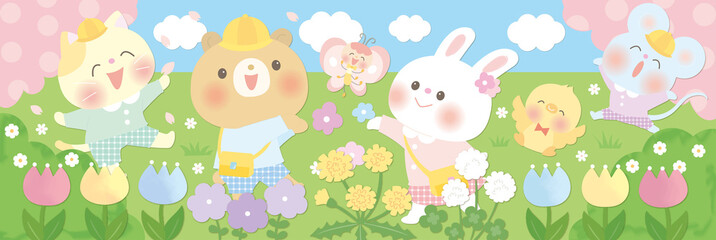 春を喜ぶ笑顔の動物たち_保育園 幼稚園 © ヒロミ アキタ